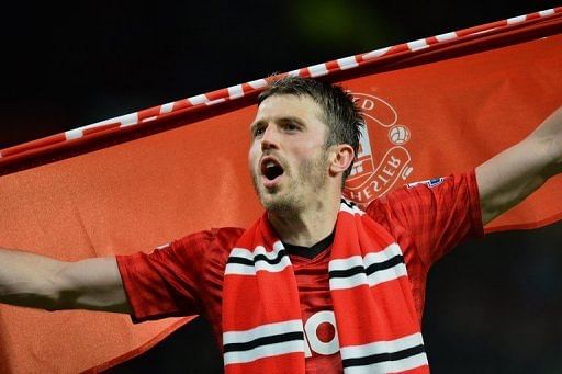 Manchester United's Michael Carrick after his team beat Aston Villa to win the Premier League title on April 22, 2013